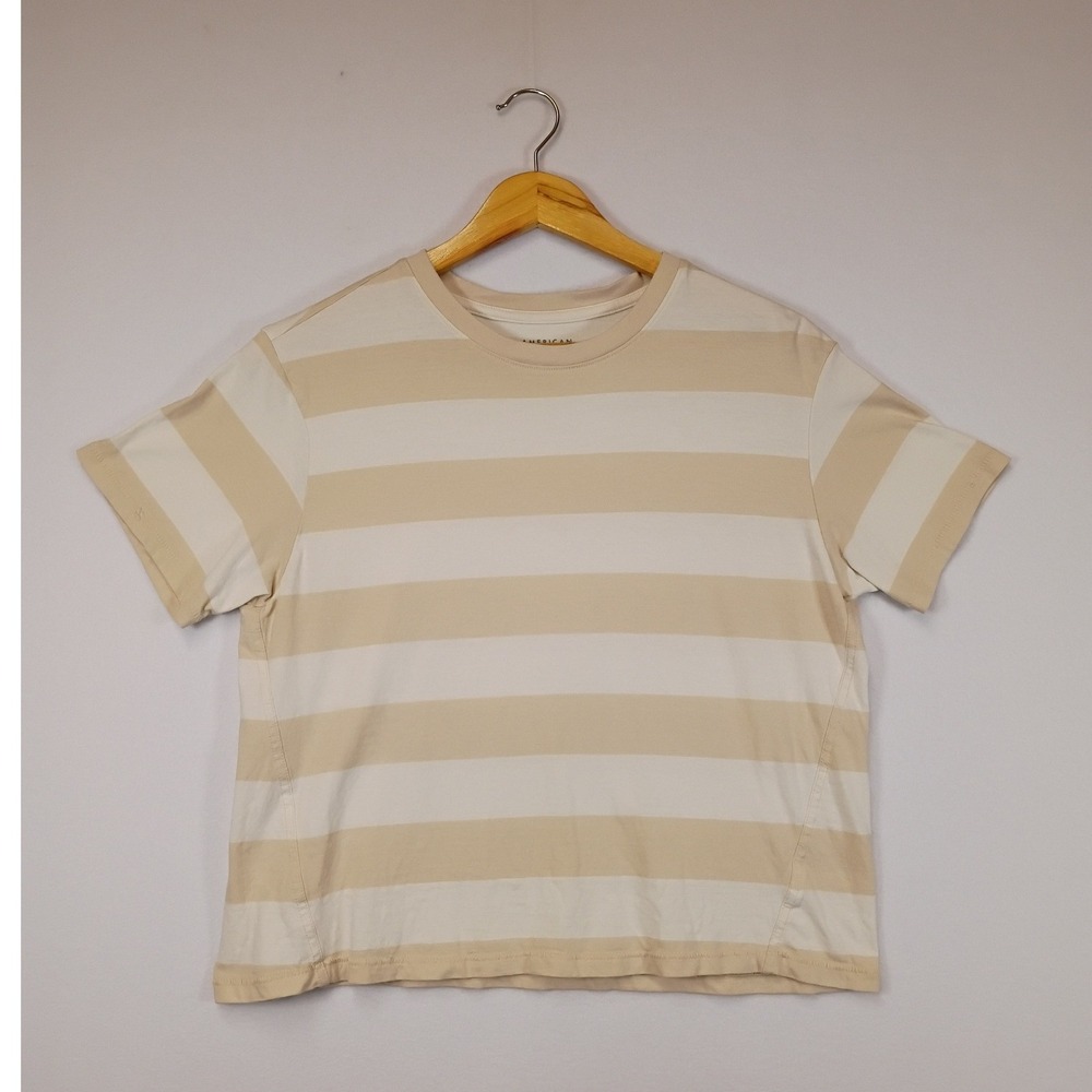 Coastal Aesthetic American Eagle Womens Small Tan Cream Striped Boxy Crew Tee